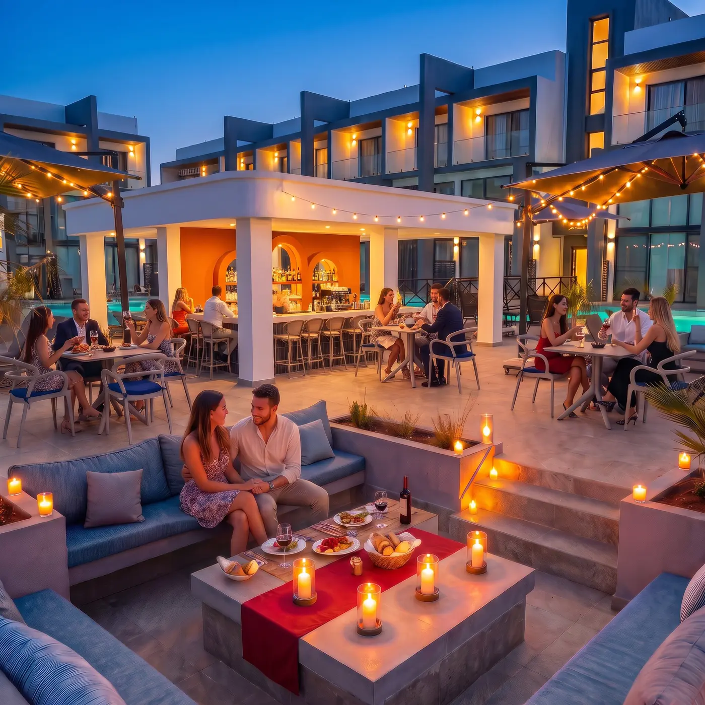 Gün batımında havuz başı lounge