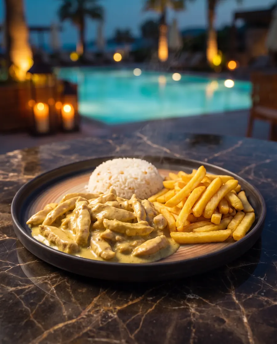 Donnerstag: Hähnchen in Curry-Rahmsoße, Reispilaw